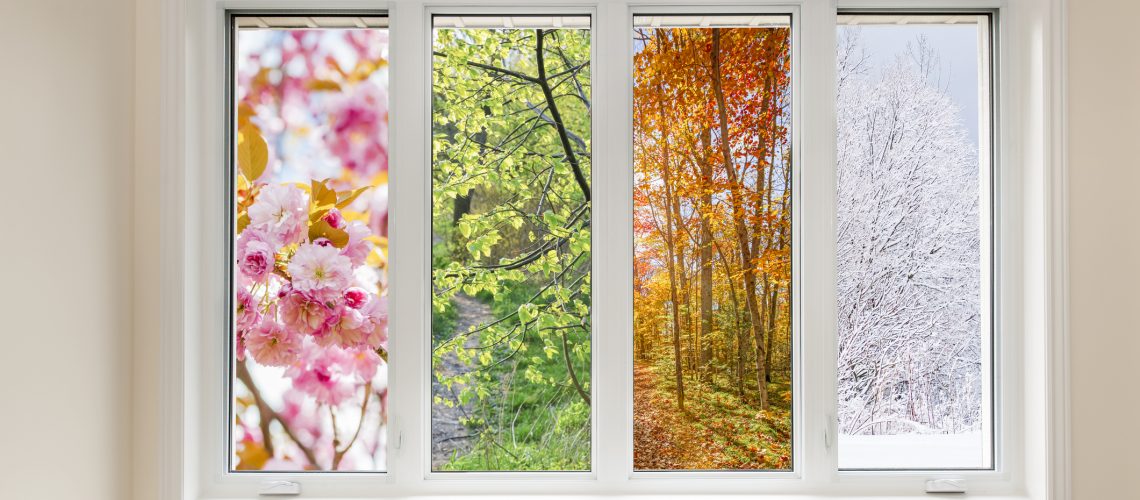 Window in home interior with view of four seasons